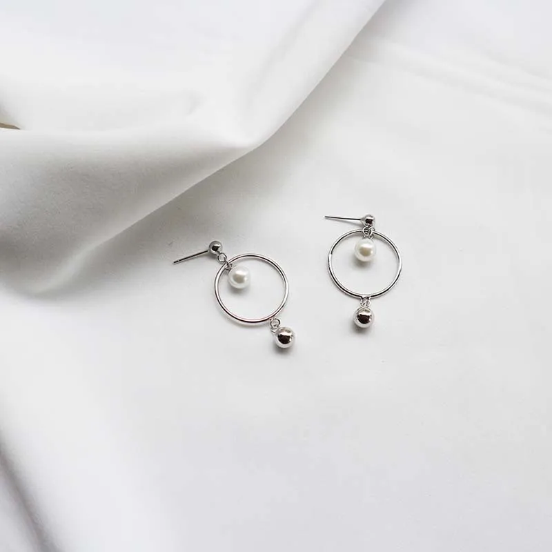 

Real 925 Sterling Silver Freshwater Pearl Dangle Earrings For Women Korean Circle Round Bead Earring Gifts Drop Shipping