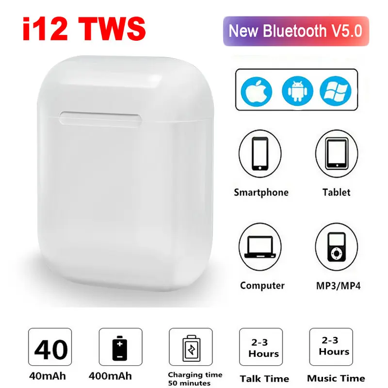 Bluetooth наушники i12 TWS Спортивные Беспроводные гарнитуры стерео беспроводные с