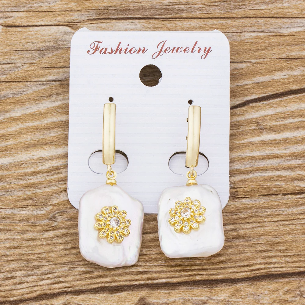 

Flower Zirconia Natural Freshwater Pearl Drop Earrings Gold Color Charm Dangle Earrings For Women Girls Wedding Birthday Gift