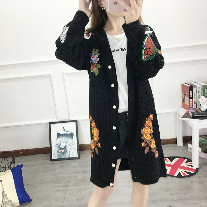 Women Sweaters And Pull European New Butterfly Flower Tiger Pattern Heavy Cardigan Medium Single Breasted Sweater Coat |
