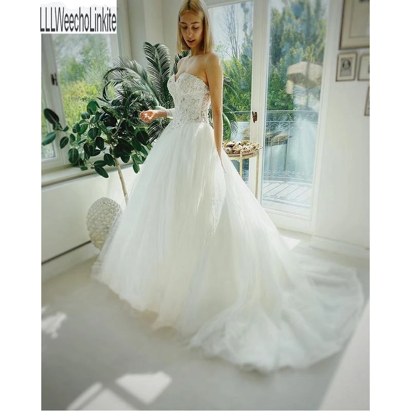 

Ivory Tulle Lace Beading Sweetheart A-Line Wedding Dresses Chapel Train Floor-Length Princess Bridal Gowns Custom Made