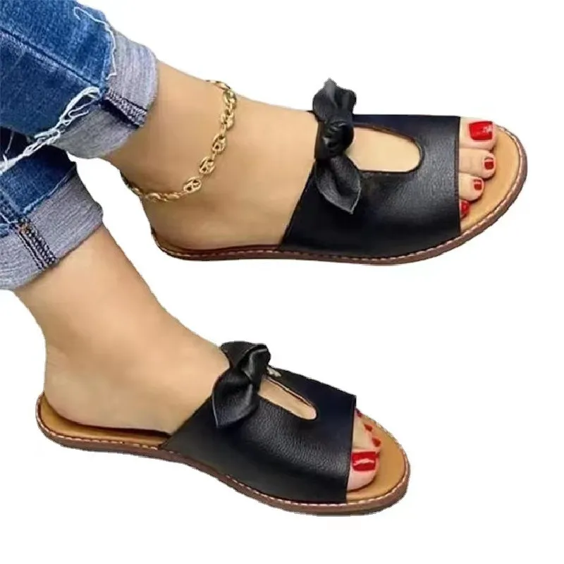 

Summer Fashion Outdoor Beach Shoes Bowknot Ladies Sandals Hollow Round Head Flat Heel Comfortable All-match Sandals