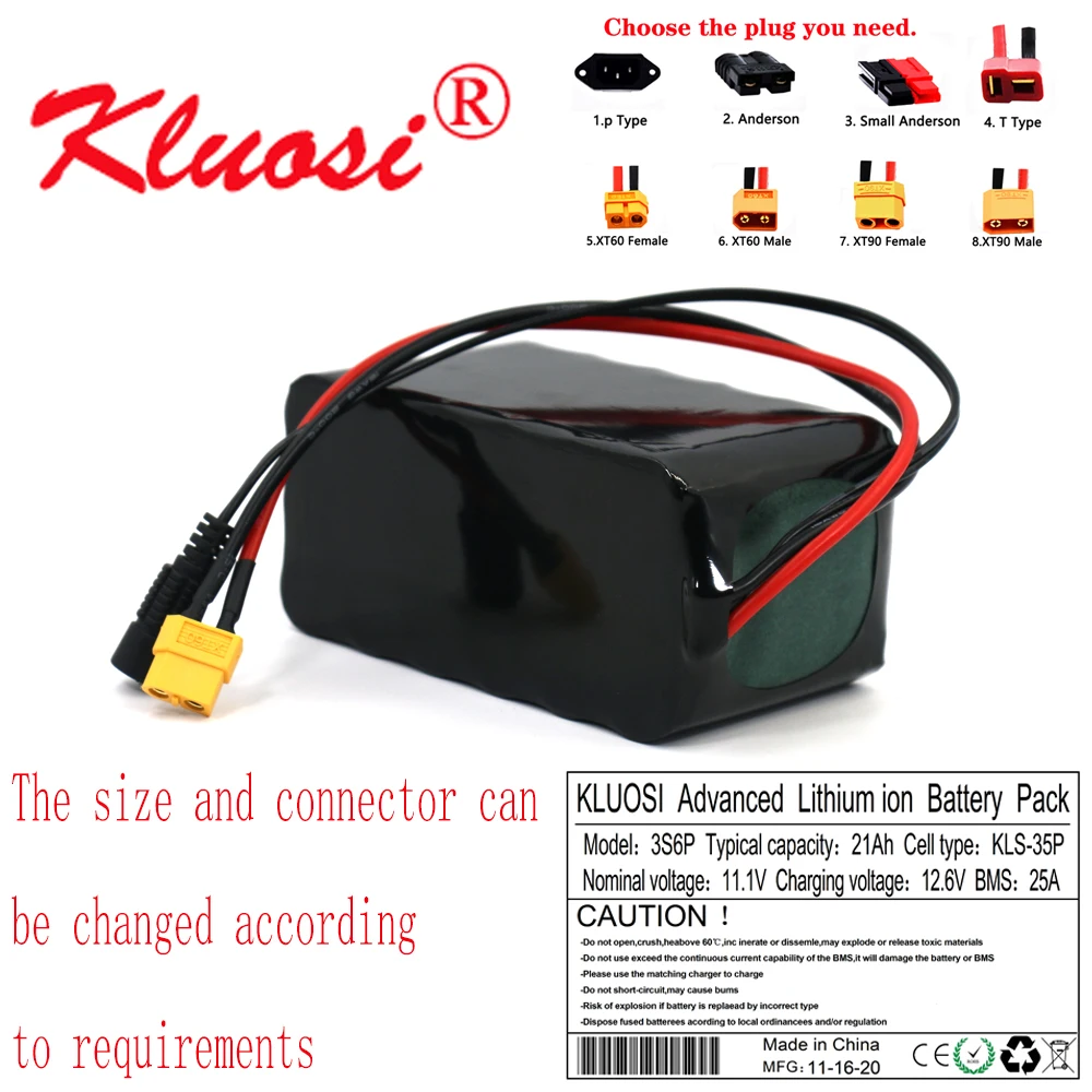 

Литиевый аккумулятор KLUOSI 3S6P, 12 В, 21 А · ч, 10,8 В, 20 А · ч, 12,6 в, 250 Вт, для светильник щения мотороллера и т. д. с 25 А BMS XT60