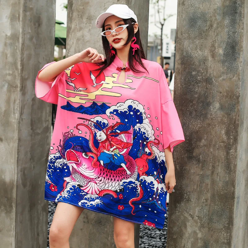 

2021 INS Summer Oversized T Shirts Chinese Cartoon Pattern Digital Print Mujer Camisetas Meduim Mercerized Cotton Tees Women