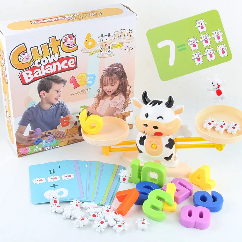 

Math Match Toy Cow Balancing Scale Preschool Number Balance Toys Baby Educational Learning Board Game Gift