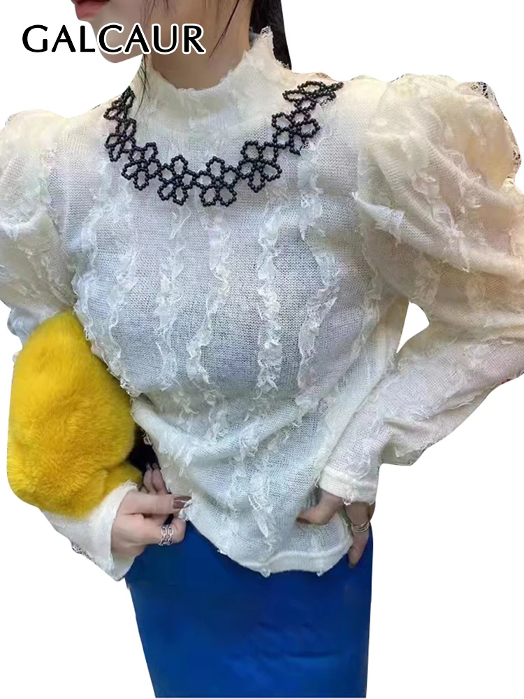 

GALCAUR Casual Patchwork Loose Blouse Female Turtleneck Puff Sleeve Fashion Temperament Vintage Shirt For Women Autumn Style New