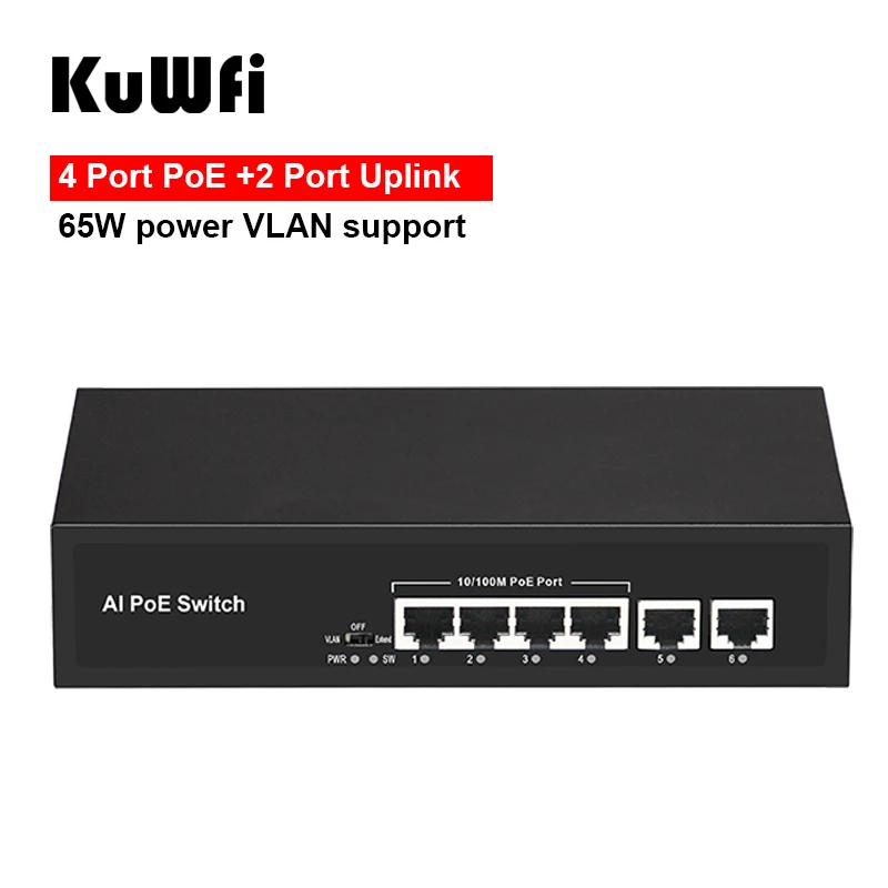 

KuWFi 6 портов POE коммутатор 10/100 м 4 порта PoE + 2 порта Ethernet Uplink сетевой коммутатор IEEE 802.3af/at стандарт 65 Вт Мощность VLAN