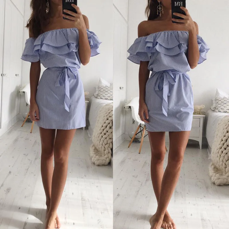 

Bigsweety Summer Women Pleated Dress Fashion Female Striped Dress Slash Neck Mini Dress With Sashes Ladies Party Vestidos Cute