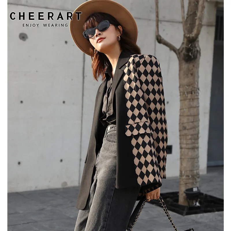 

CHEERART Plaid Women Blazers And Jackets Patchwork Ladies Coats Designer High Fashion Blazer Long Sleeve Suit Jacket Clothes