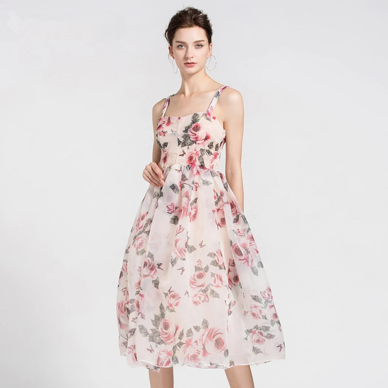 Женское платье с тонкими лямками и принтом летнее пляжное ТРАПЕЦИЕВИДНОЕ ПЛАТЬЕ