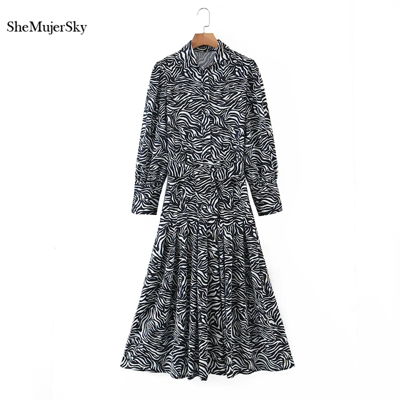 

SheMujerSky, черное Полосатое платье миди с принтом зебры, женское платье-рубашка с длинным рукавом, осень 2020, элегантные платья-трапеции