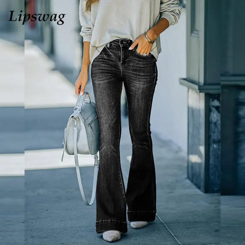 

2022 Women Casual Jeans Spring Autumn Fashion Buttoned Washing Denim Pants Retro Office Lady Mid Waist Flare Trousers Streetwear