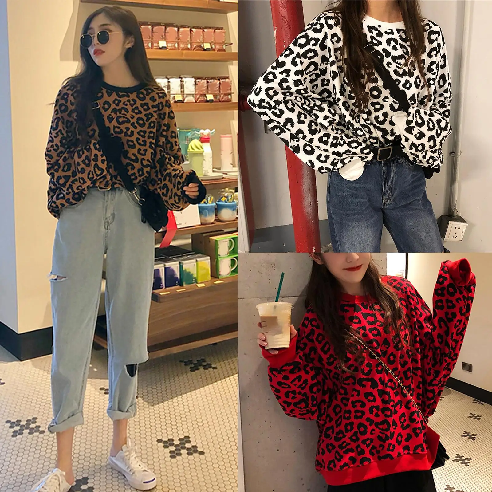 

Fashion Women Autumn Winter Long Sleeve Blouse Leopard Print Loose Sweatshirt