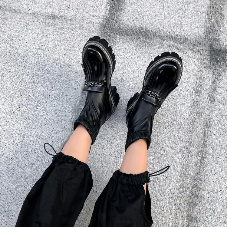 Buono Scarpe/женские ботильоны с металлическими цепочками; полуботинки с эластичными кисточками; черная обувь на платформе в стиле панк; Mujer; женские носки;