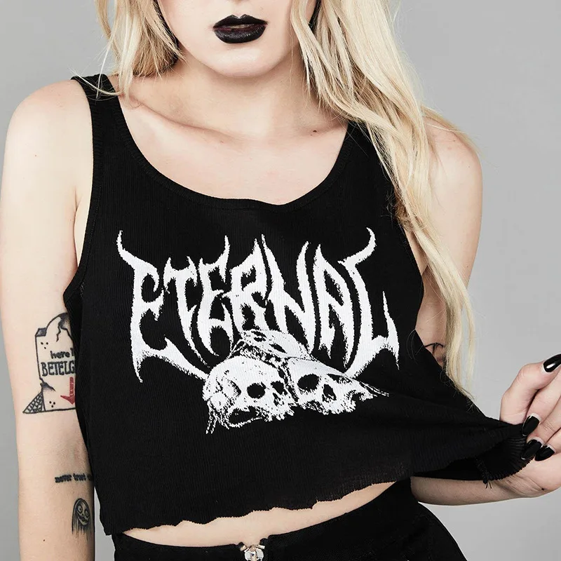 

Gothic Punk Black Letter Print Crop Tops Women Fashion Street Skull Tank Top Summer Sexy Sleeveless Loose Casual Harajuku Tops