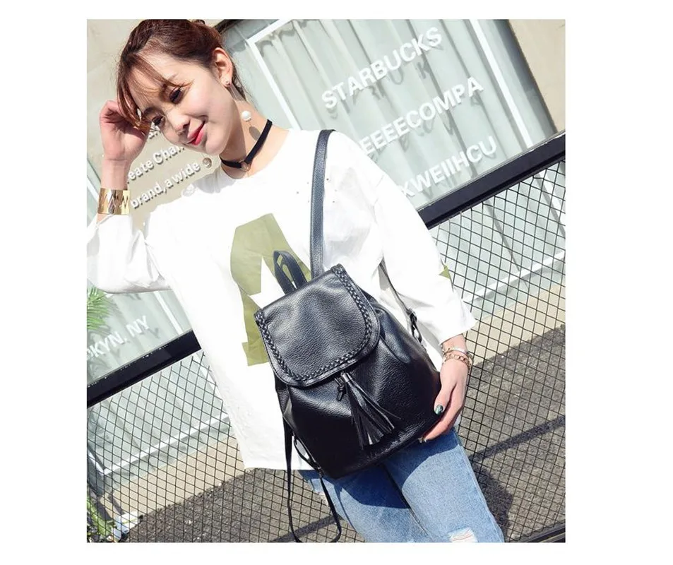 Винтажный рюкзак с кисточками черный тканевый Школьный из искусственной кожи