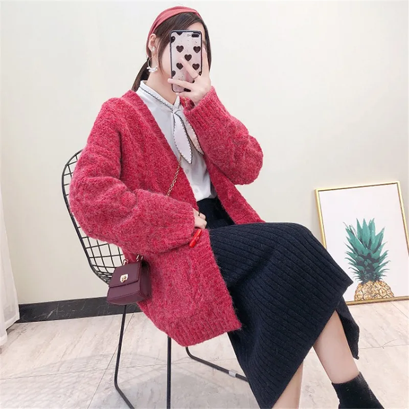 

Sweater women loose beige green plus size 2020 autumn winter new Korean fashion big pocket thick knitted sweater feminina CX1296