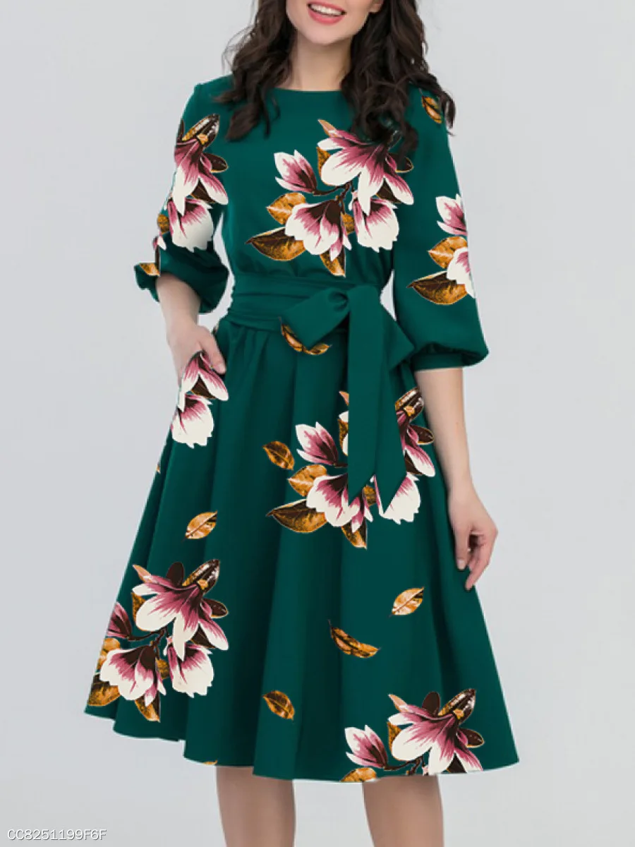 

Green Printed Midi Dress Women Summer 2021 New Long Sleeve Office Lady Party Dress with Belt