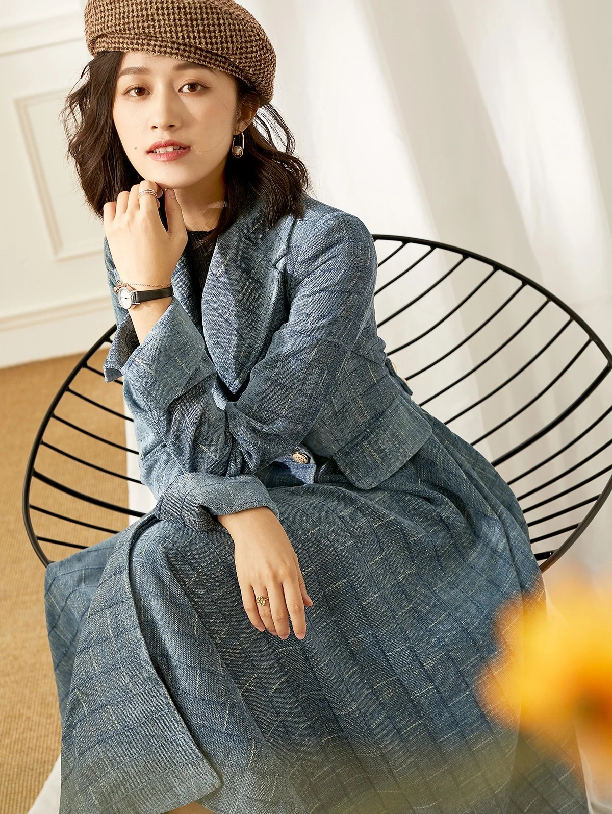 

Suit collar retro blue padded corduroy coat ladies tweed mid-length coat