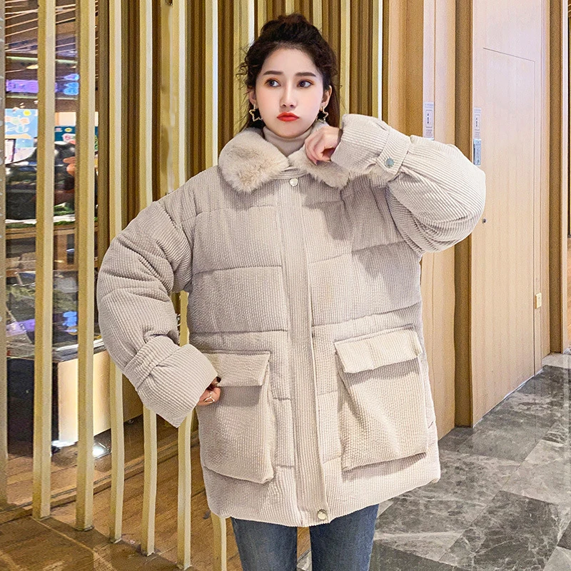 

Fahison Women Parkas Winter New Korean Style Corduroy Big Pocket Lamb Cashmere Lapel Cotton Coat Thicken Casual Bread Coat