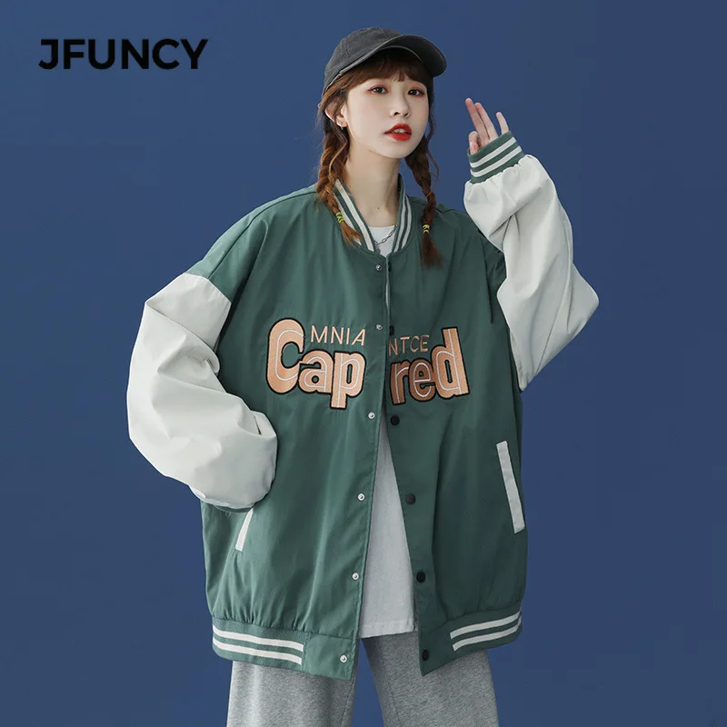 

JFUNCY Autumn Plus Size Baseball Jackets Women Patchwork Harajuku Casual Streetwear Japan Style Bomber Jacket Female Coats