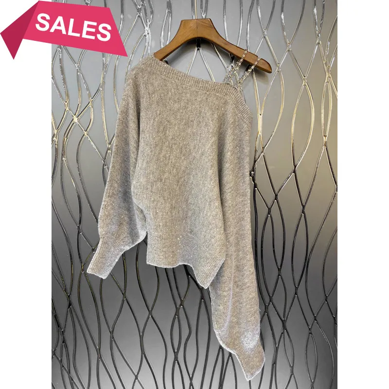 

Advanced design off shoulder T-shirt women's early spring European 2021 new sexy top sweater