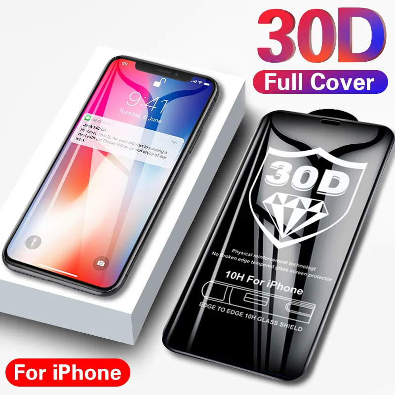 Защитное стекло 30D для iPhone X XS 11 Pro Max Xr закаленное 7 8 6 Plus 10 SE 2020 полное