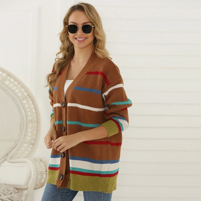 

Women Knitted Loose Sweater Fashion Color Stripes Long Sleeve V-Neck Button Cardigan Open Front Tops Autumn Coat Jacket Warm Out