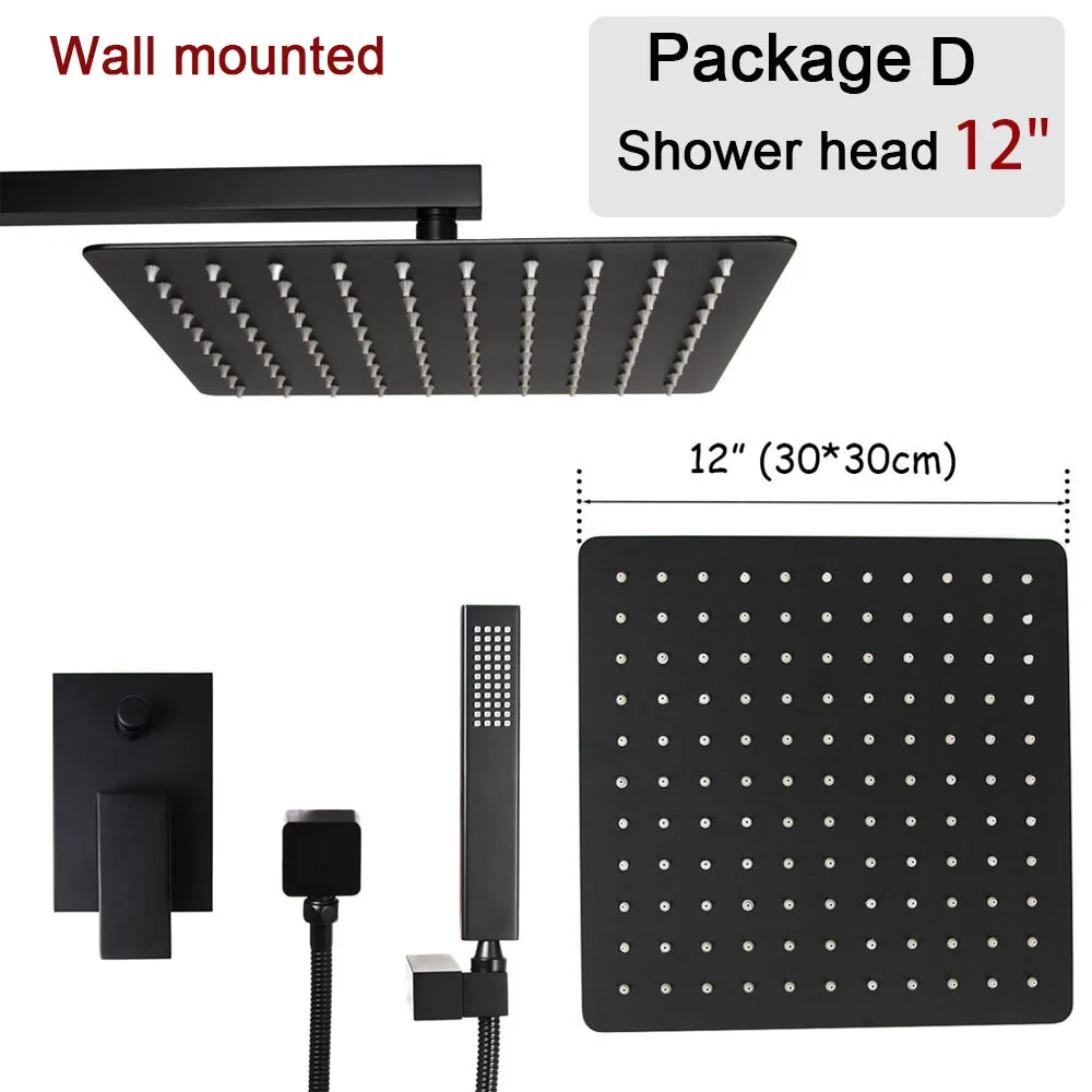 12 inch wall mount Ванная комната квадратная форма в потолочный Душ Набор с черным покрытием для ванной переключателем смеситель 8/10/12 дюймов дождь Душевая Головка - Цвет: 12 inch wall mount