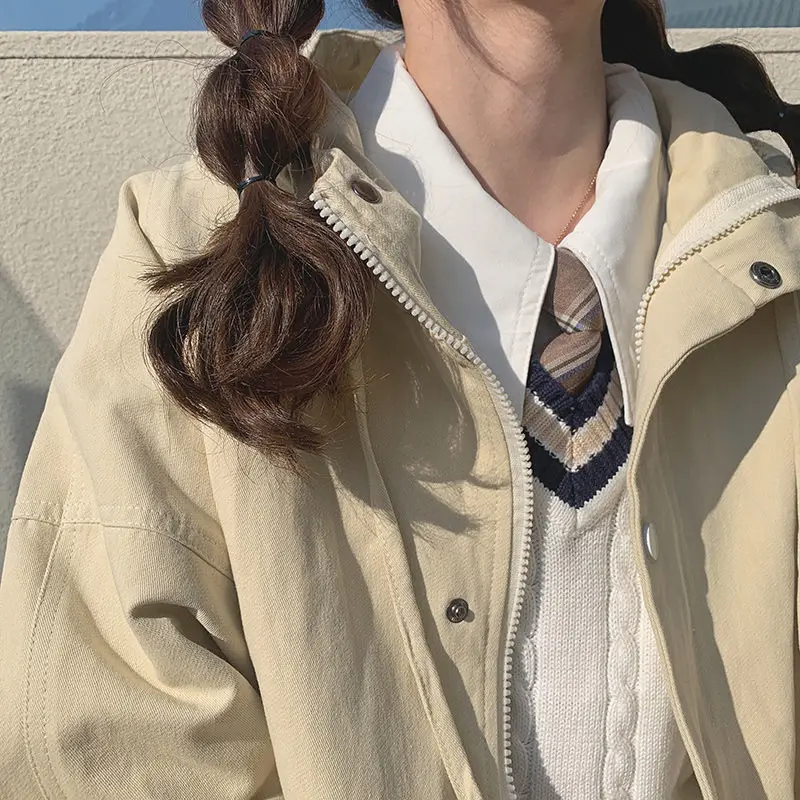 

Women Basic Jacket Autumn Hooded Loose Buttons Student Preppy Ulzzang Chic Bow Pockets Simple Solid Outwear All-match Sweet New