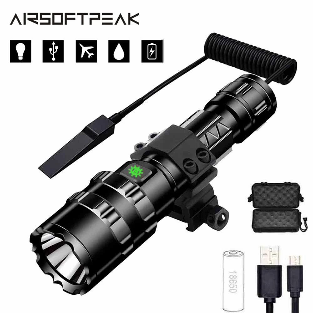 Тактический светодиодный фонарь L2 для охоты Перезаряжаемый USB водонепроницаемый