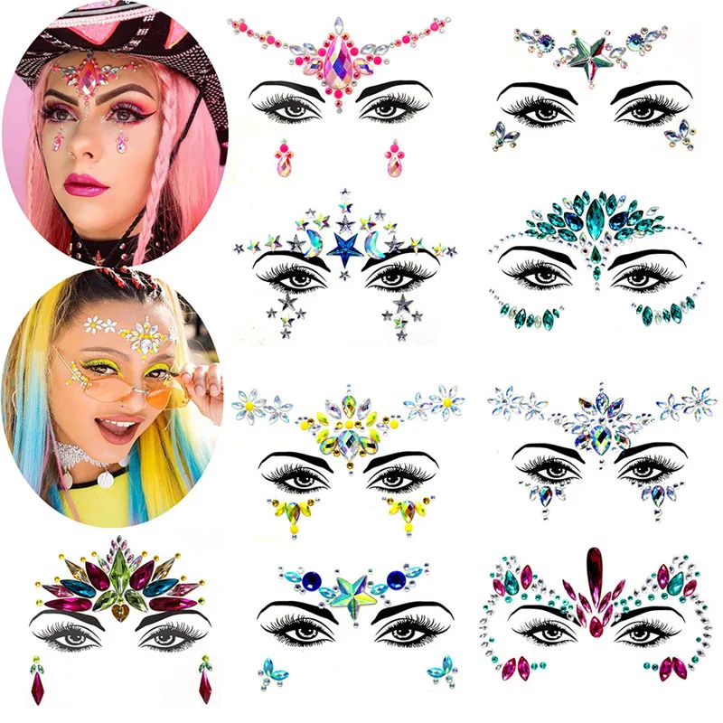 Face Stickers For Halloween Christmas Birthday Wedding Women Beauty Makeup Party Decor Colorful Rhinestone Crystal Sticker | Дом и сад