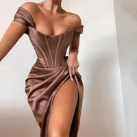 2022 summer new fashion womens elegant off shoulder satin corset dress chic slit backless sexy club party dresses