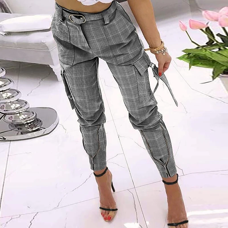 

Women Casual Solid Cargo Pants 2021 Spring Summer High Waist Office Lady Long Pants Fashion Slim Fit Zipper Trousers Streetwear