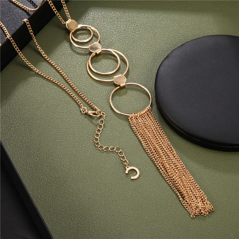 

Boho New Arrival Female Round Pendant Necklace Multi Tassel Long Winter Sweater Metak Chain Women Necklaces Wholesale Sales