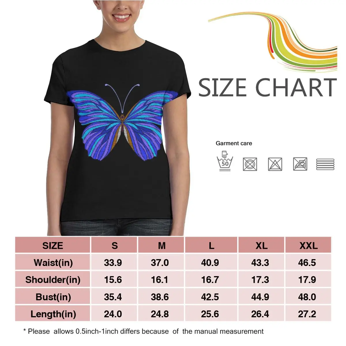 

NOISYDESIGNS Blue Butterfly Print Women Tshirt Black Casual Funny T shirt For Lady Girl Top Tee Femininas Drop shipping