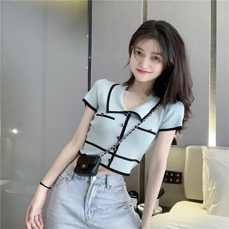 

Woman TShirts Summer Retro Lapels Personalized Button Contrast Color Knitted Slim T-shirt Crop Top Mujer Camisetas