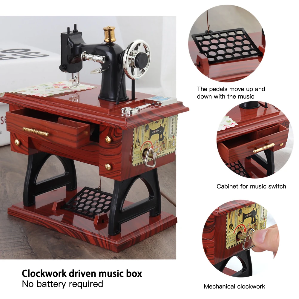

Sewing Machine Music Box Mini Vintage Retro Clock Gift Household Decoration Exquisite Gift to Family, Friends