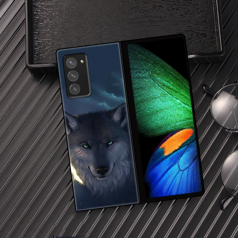 

Case for Samsung Galaxy Z Fold2 5G W20 Fish Wolf Animal Pattern Flip Fold PU Leather Cute Cat Lens Border Protection Cover Shell