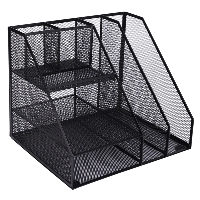 Mesh 3-Trays Desk Organizer with 2 Pen Holder and 2 Magazine File Holder Office Supplies Black