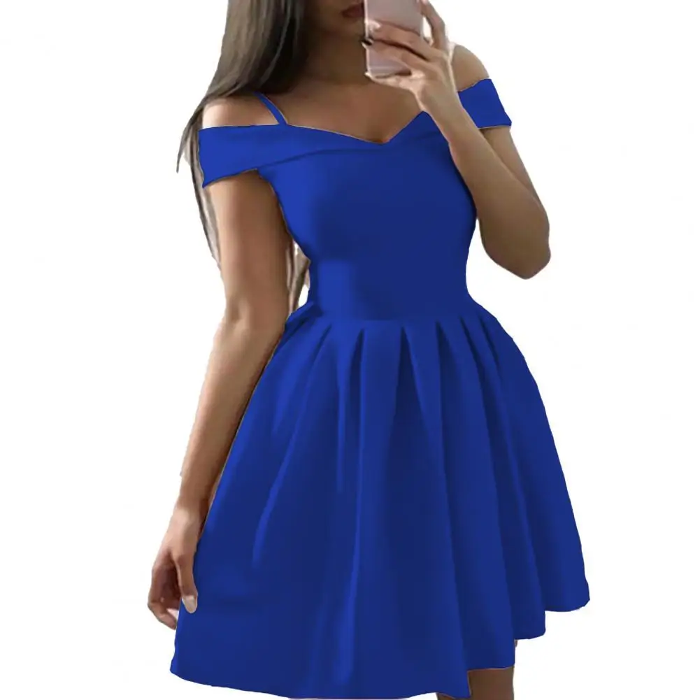 

Sexy Dress Women Off Shoulder Solid Color Sweet Slash Neck Pleated Mini Summer Dresses for Women 2021 Party