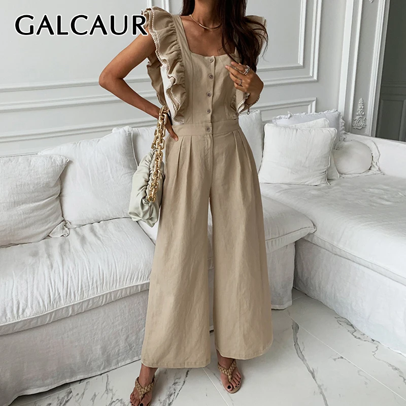

GALCAUR Patchwork Casual Jumpsuit For Women Square Collar Flying Sleeve High Waist Solid Jumpsuits Females Clothing 2021 Stylish