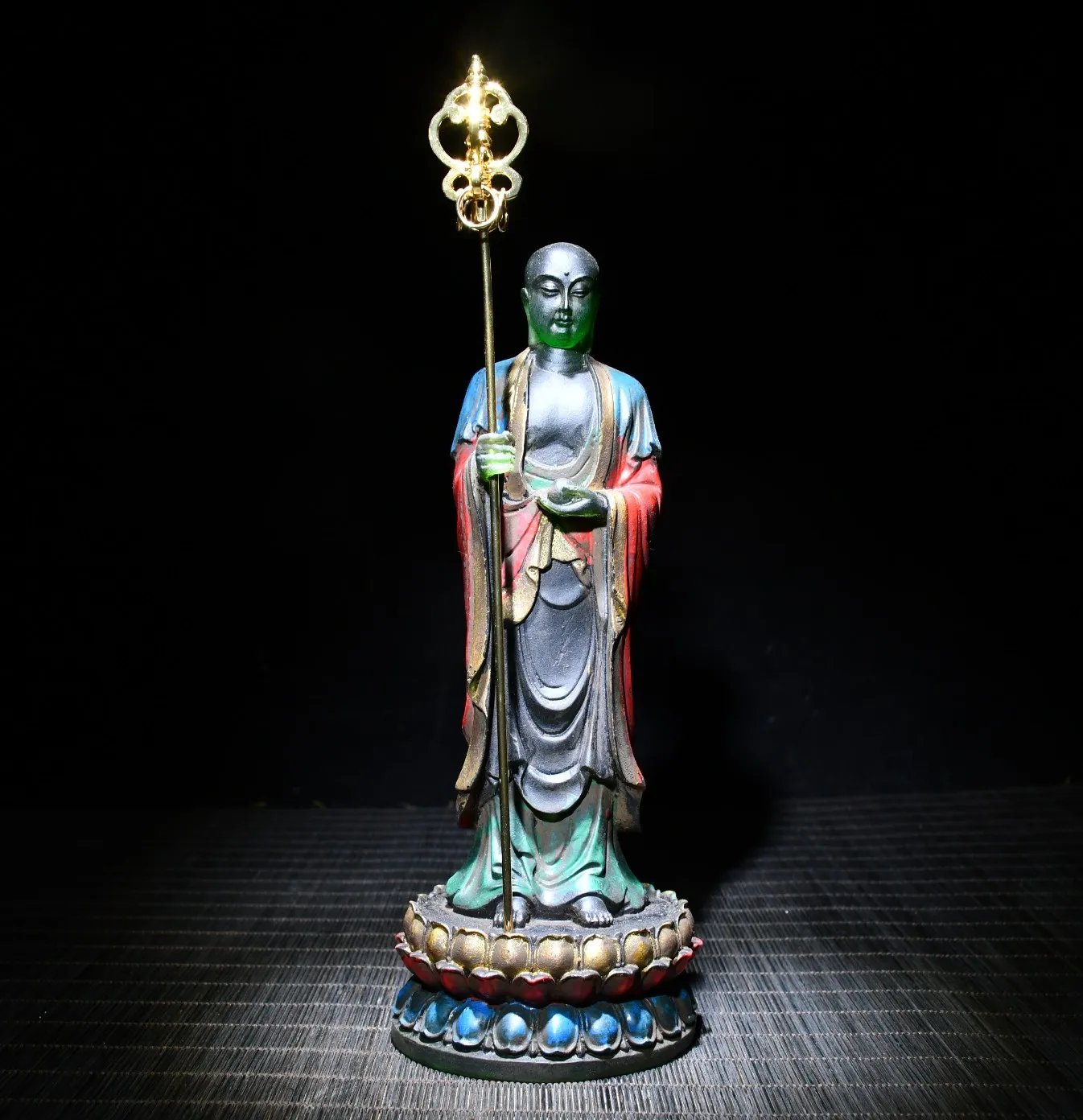 

8"Chinese Folk Collection Old Colored glaze Painted Ksitigarbha Jizo Lotus Terrace Office Ornaments Town House Exorcism