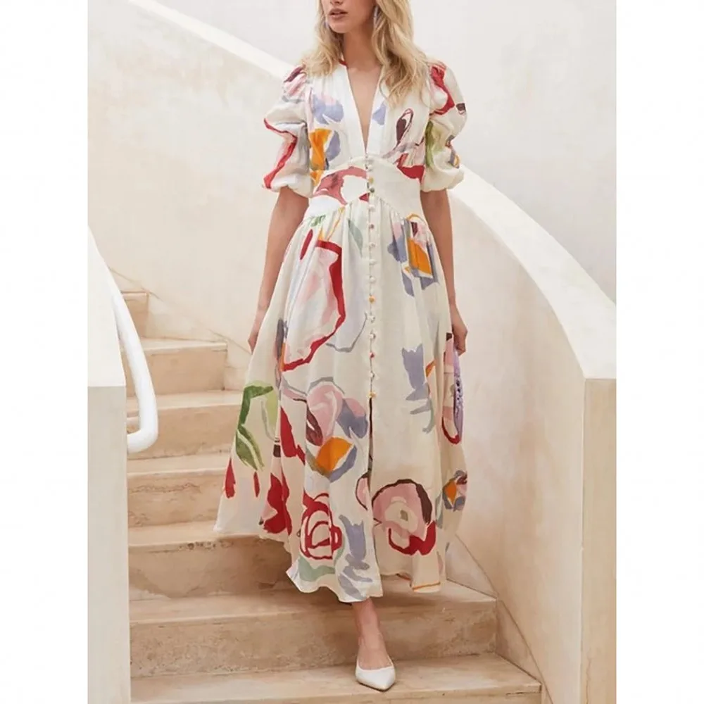 

Sexy Women Short Sleeve Dress 2021 Summer New Chiffon Dashiki Print Long Dress Europe And America New Slim Big Swing Loose Skirt