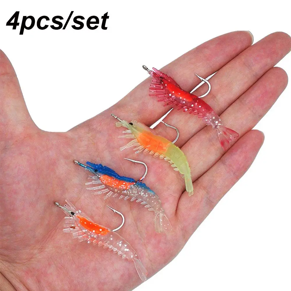 

4pcs Fishy Smell Soft Sea Fishing Biomimetic Hook Worm Silicone Luminous Prawn Lure Shrimp Fake Bait Single Hook