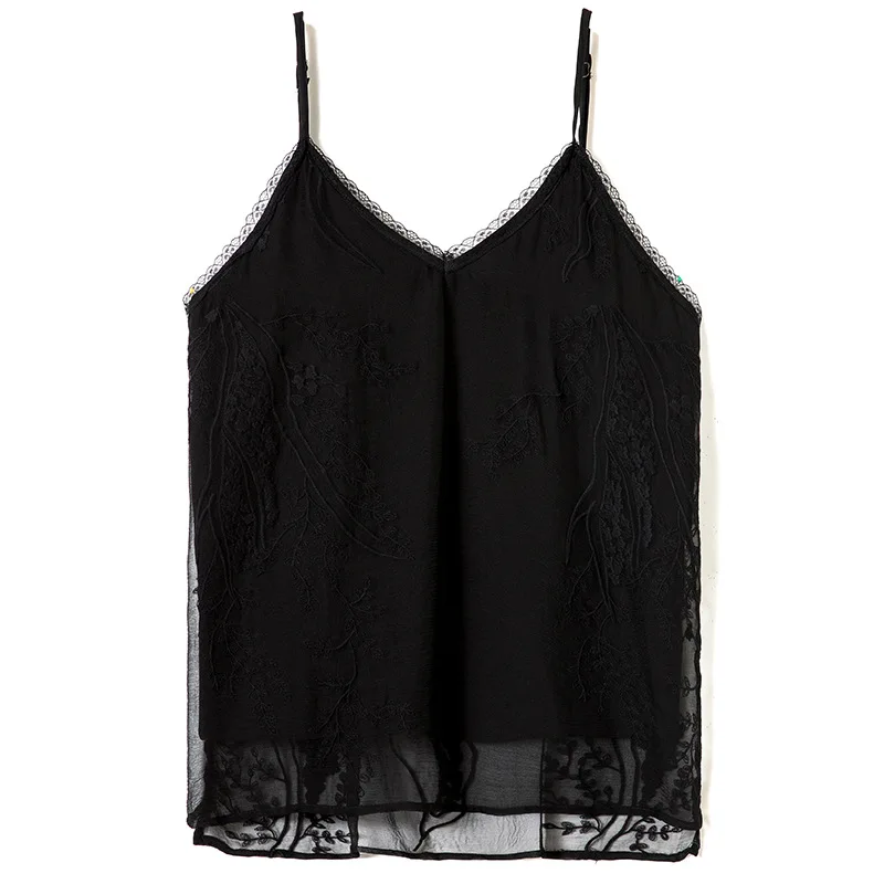 

Gezelligheid Silk Tops For Women 2021 Summer New Fashion Elegant Sexy Embroidered Camisole 100% Natural Mulberry Silk Lace Top