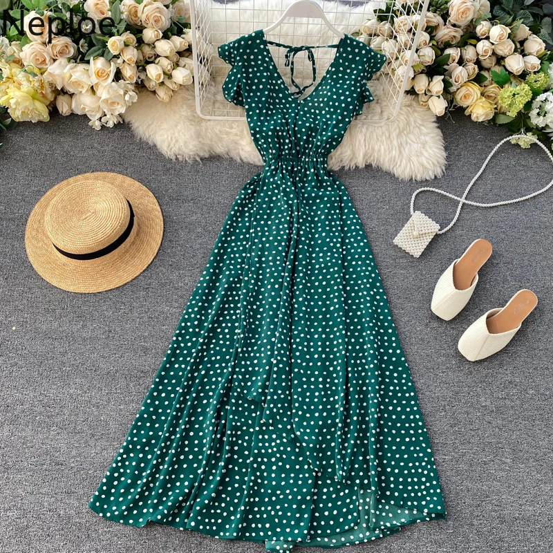 Платье Neploe в горошек женское модное платье с V образным вырезом и коротким