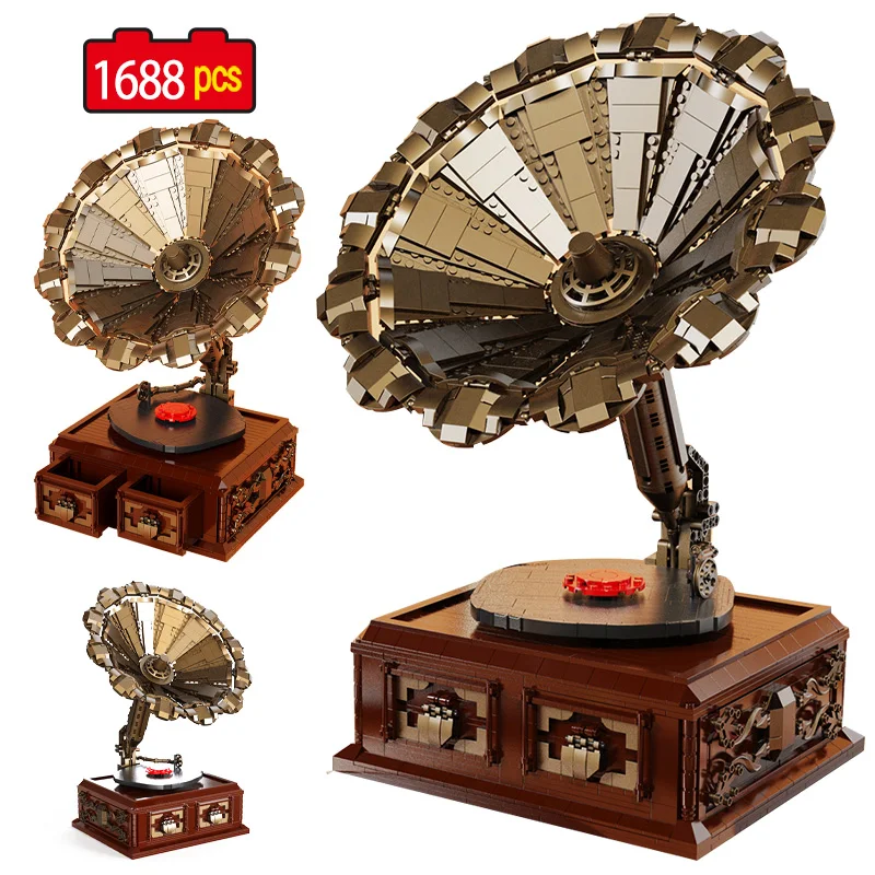 

1688pcs City Nostalgic Retro Music Box Phonograph Model Building Blocks Musical Gramophone Classic Bricks Toys for Kids Gifts