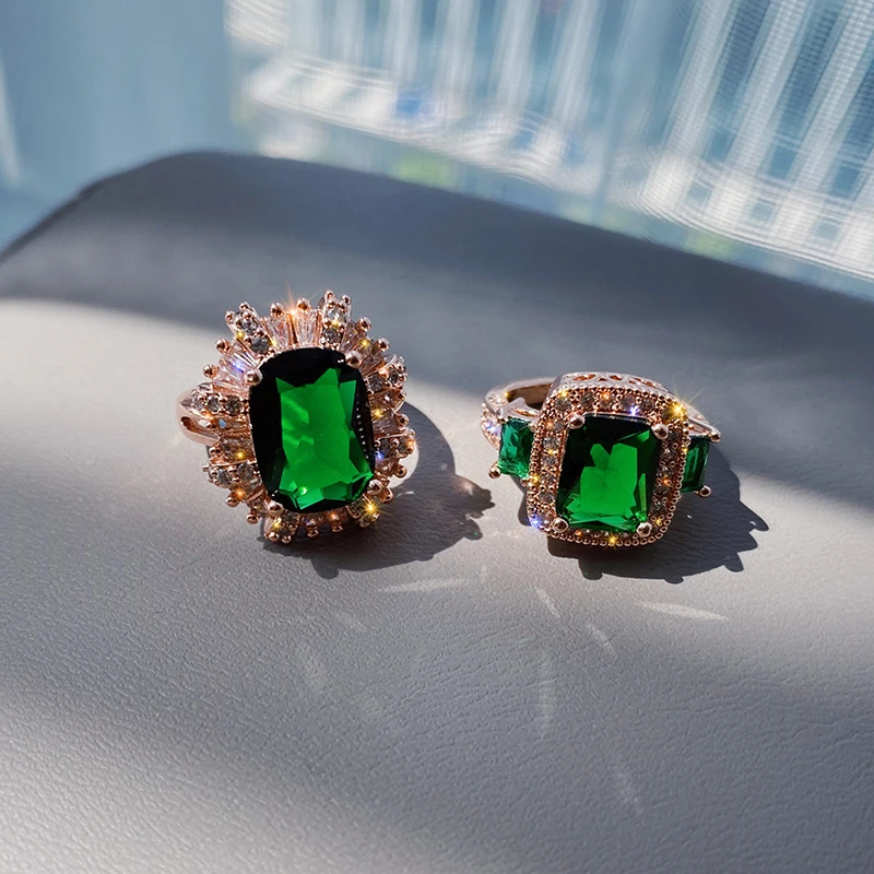 

Royal Style French Luxury Green Crystal Gold Colour Open Ring For Woman Shining Zircon Korean Jewelry Wedding Party Girl's Sexy