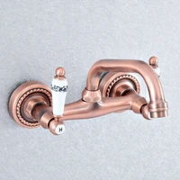 antique red copper wall mounted bathroom sink faucet swivel spout bathtub mixer dual handles nsf872
